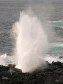 Vandet sprøjter op gennem et "Blow Hole" på Isla Espanola når bølgerne slår ind mod klipperne